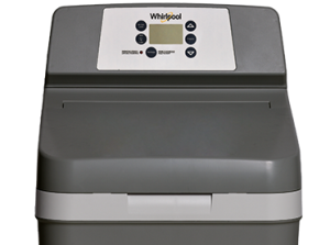 A gray and white Whirlpool appliance with a digital display and control buttons, situated in a neutral setting.