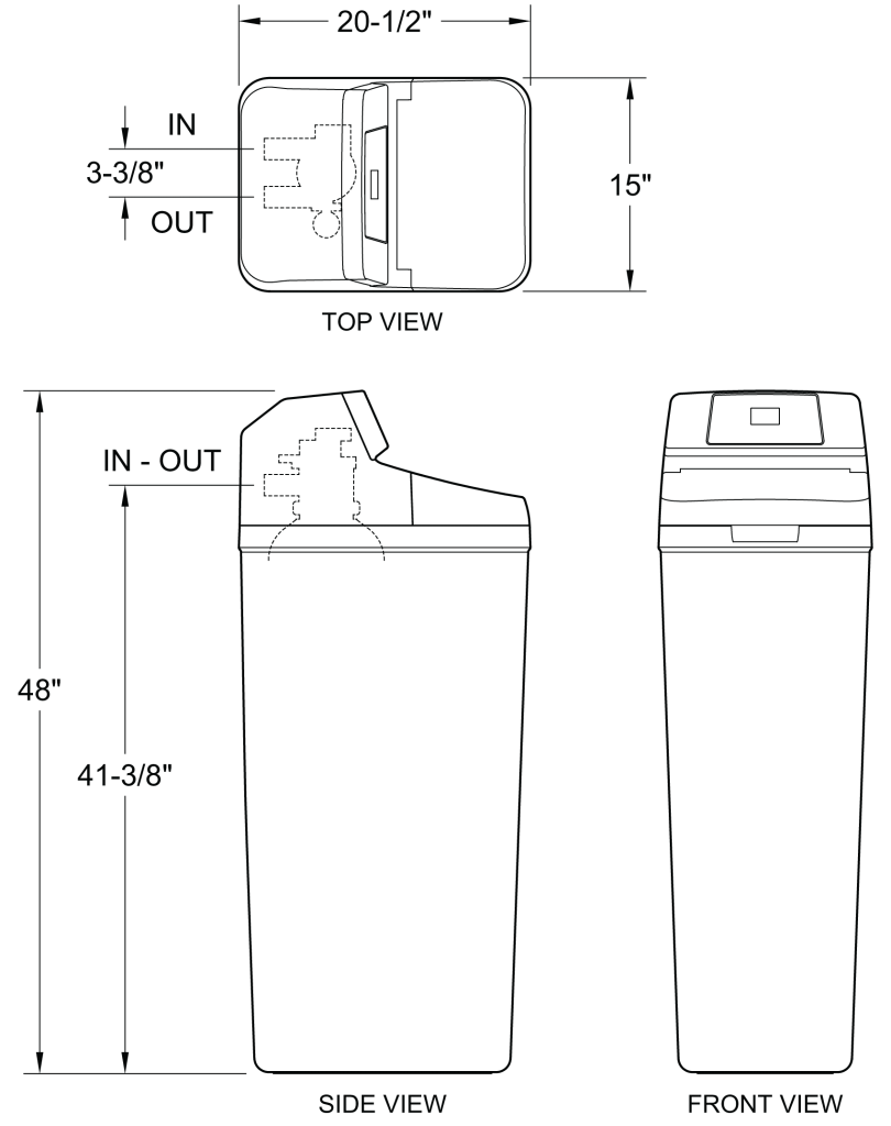 A technical drawing of a rectangular container with dimensions: 20-1/2" width, 15" depth, 48" height, 41-3/8" base height, 3-3/8" in-out distance. Labeled top, side, and front views.