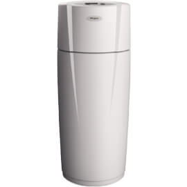 A tall, cylindrical white water softener stands upright. The top features a flat lid, and a brand logo is visible on the front.