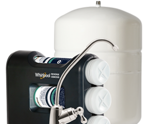 A water filtration system with a faucet and labeled "Whirlpool Premium Osmosis," includes multiple cylindrical filters; a white tank stands behind it.