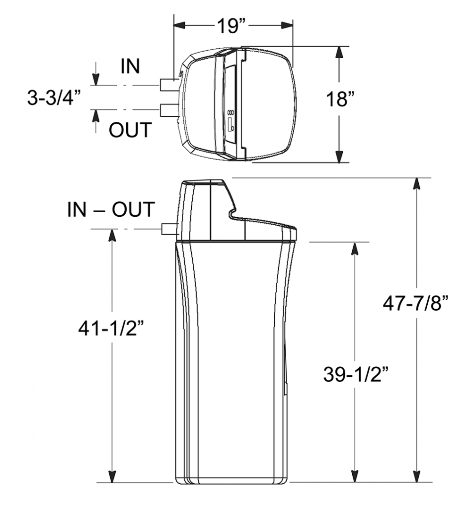 A technical diagram with dimensions of a tall, cylindrical device, showing "IN" and "OUT" labels for ports. Measures: 19"x18", 47-7/8" tall.